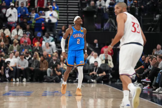 Shai Gilgeous-Alexander #2 of the Oklahoma City Thunder reacts on the court during the Thunder vs Clippers game at Intuit Dome on April 8, 2026