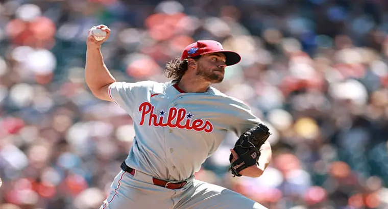 Aaron Nola pitching for the Philadelphia Phillies against the San Francisco Giants at Oracle Park on April 9 2026