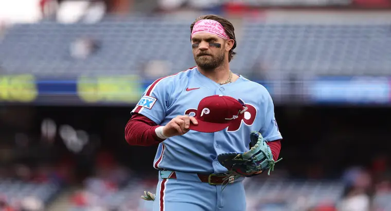 Philadelphia Phillies player in light blue throwback uniform holding cap on field during Giants vs Phillies game at Citizens Bank Park May 2026