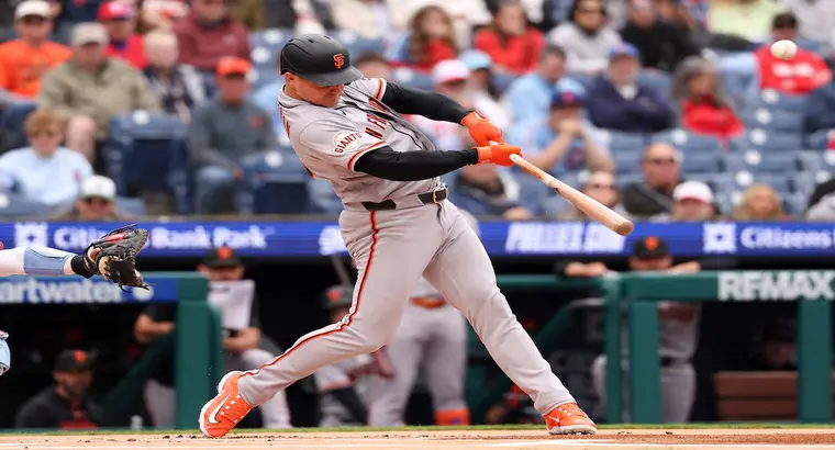 San Francisco Giants batter making contact at Citizens Bank Park during the Giants vs Phillies MLB game on May 1 2026 with Citizens Bank Park signage visible in background
