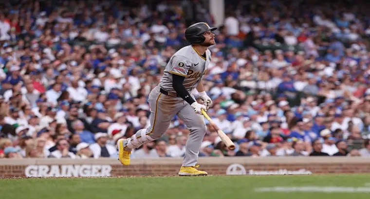 Pittsburgh Pirates second baseman Brandon Lowe watching his home run at Wrigley Field during the Cubs vs Pirates game on April 12 2026