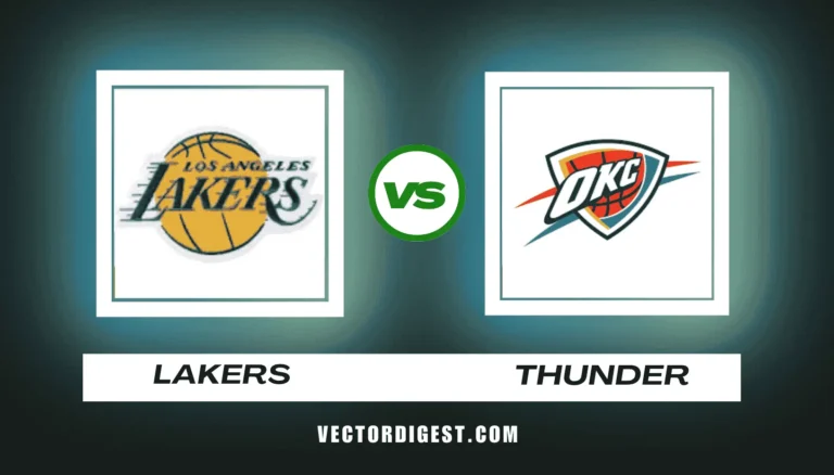 Official match graphic for Los Angeles Lakers vs OkC Thunder featuring team logos and Vector Digest branding for NBA player stats coverage