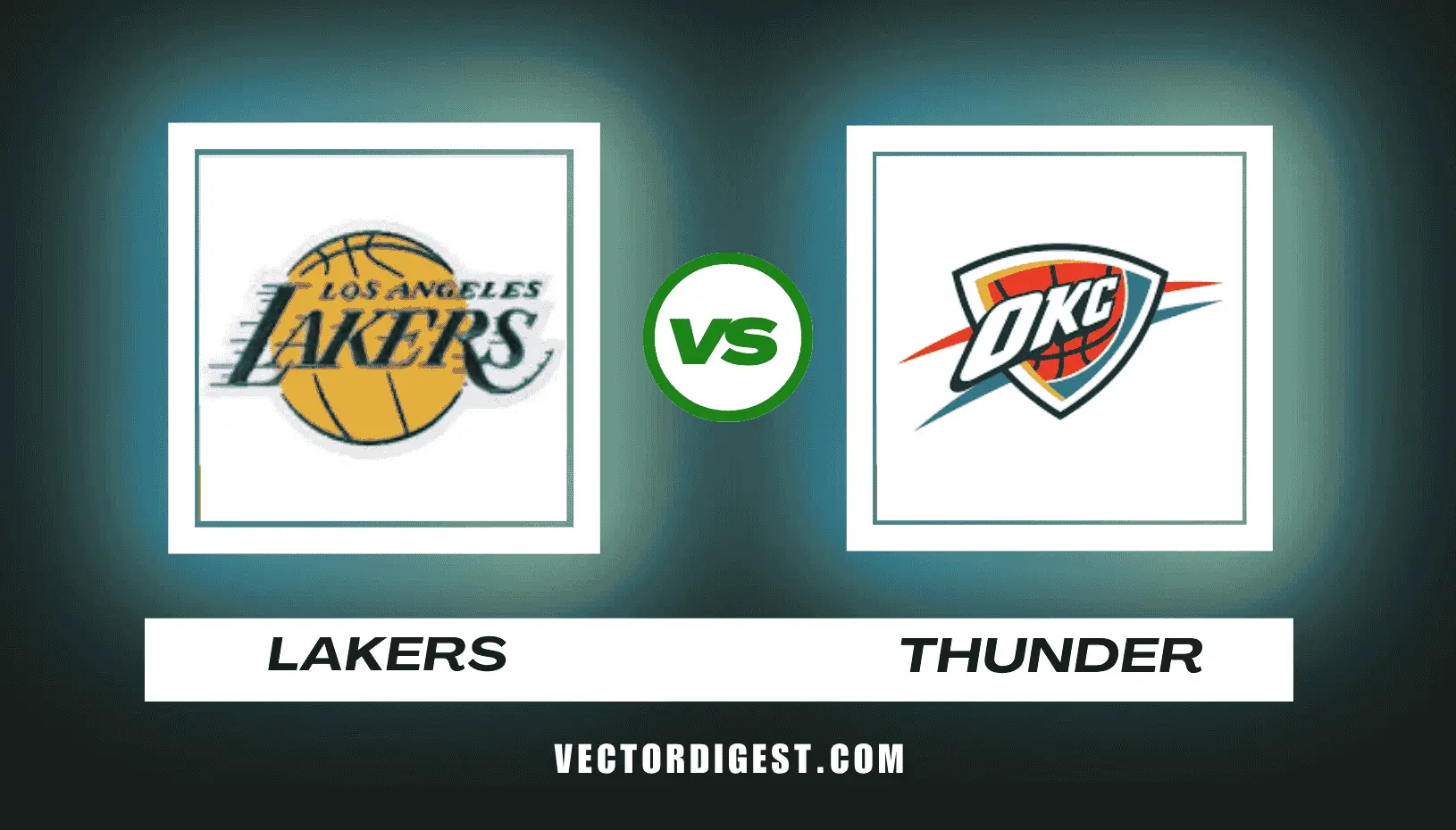 Official match graphic for Los Angeles Lakers vs OkC Thunder featuring team logos and Vector Digest branding for NBA player stats coverage