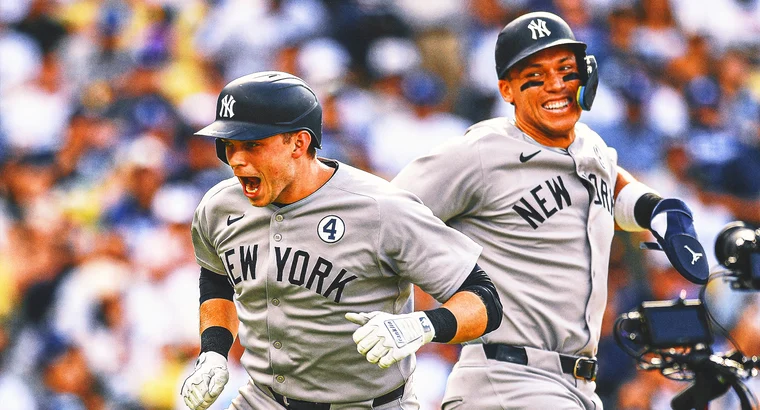 
New York Yankees players Ben Rice (No. 4) and Aaron Judge celebrate after a home run during the Yankees vs Dodgers game at Dodger Stadium on June 1, 2025