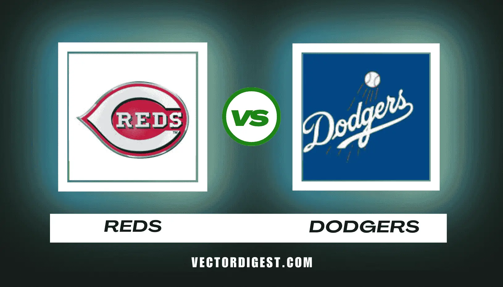 Cincinnati Reds vs Los Angeles Dodgers matchup graphic featuring both team logos side by side with a VS badge and Vector Digest branding, representing the March 12, 2026 spring training game