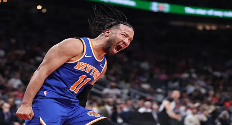 New York Knicks guard Jalen Brunson (#11) celebrates during the Knicks' 140–89 Game 6 win over the Atlanta Hawks in the 2026 NBA Playoffs
