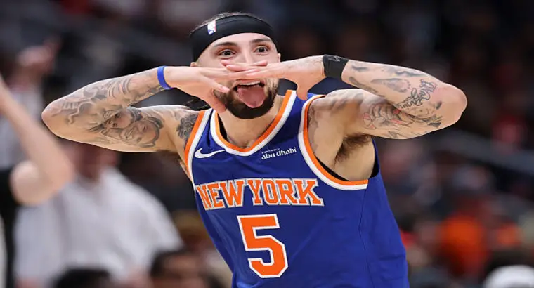 Miles McBride of the New York Knicks celebrating during Atlanta Hawks vs Knicks Game 6 at State Farm Arena on April 30, 2026