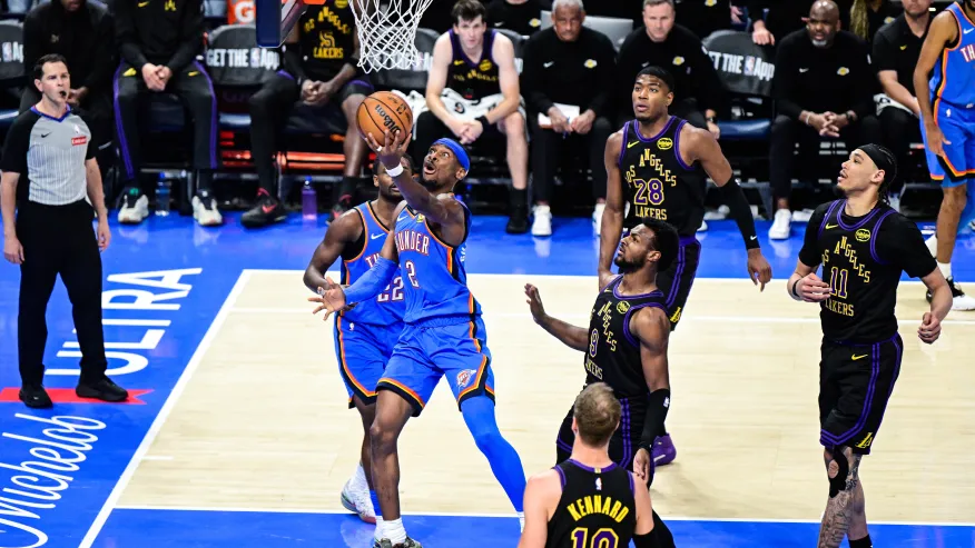 Lakers vs OKC Thunder Match Player Stats (April 2nd, 2026) 2 Shai Gilgeous-Alexander of the OKC Thunder performing a layup against Rui Hachimura and the Los Angeles Lakers defense during the April 2nd, 2026 match.