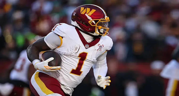 Deebo Samuel #1 Washington Commanders running with the football during the Cowboys vs Commanders matchup