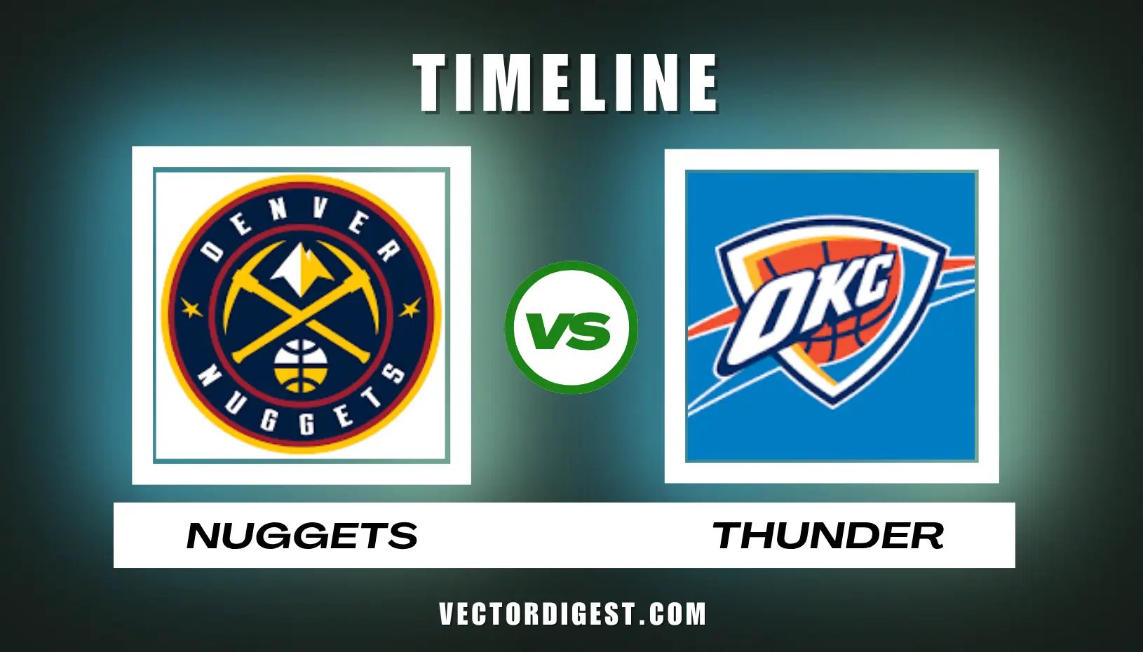 Graphic showing the Denver Nuggets logo facing the Oklahoma City Thunder logo with a "VS" symbol, representing their all-time NBA rivalry timeline.